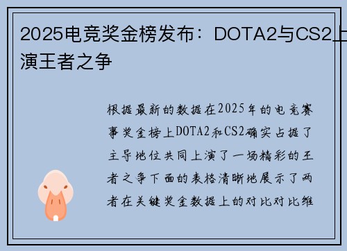 2025电竞奖金榜发布：DOTA2与CS2上演王者之争